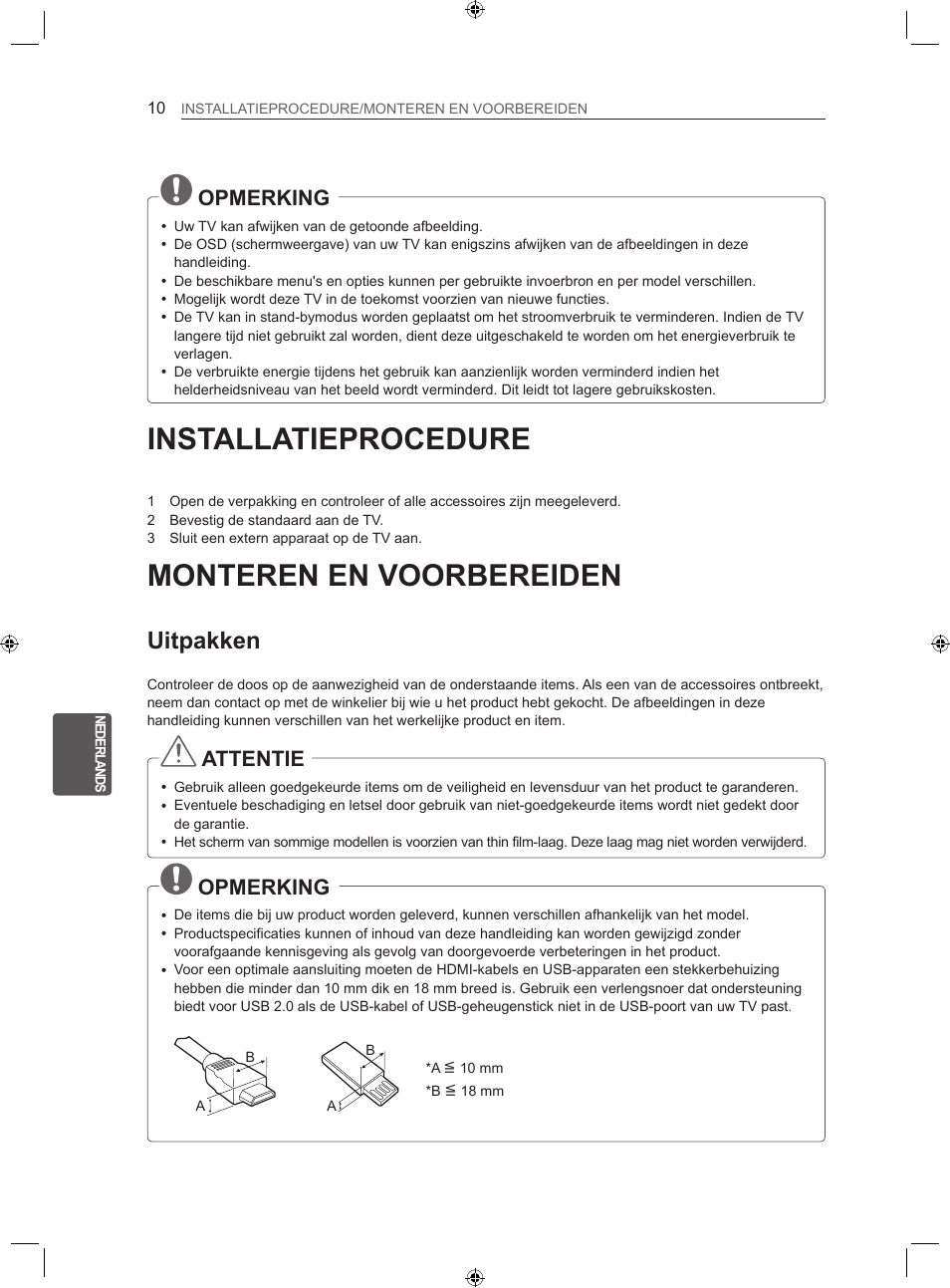 Installatieprocedure, Monteren en voorbereiden, Uitpakken | Opmerking, Attentie | LG 22LS3500-ZA User Manual | Page 146 / 198