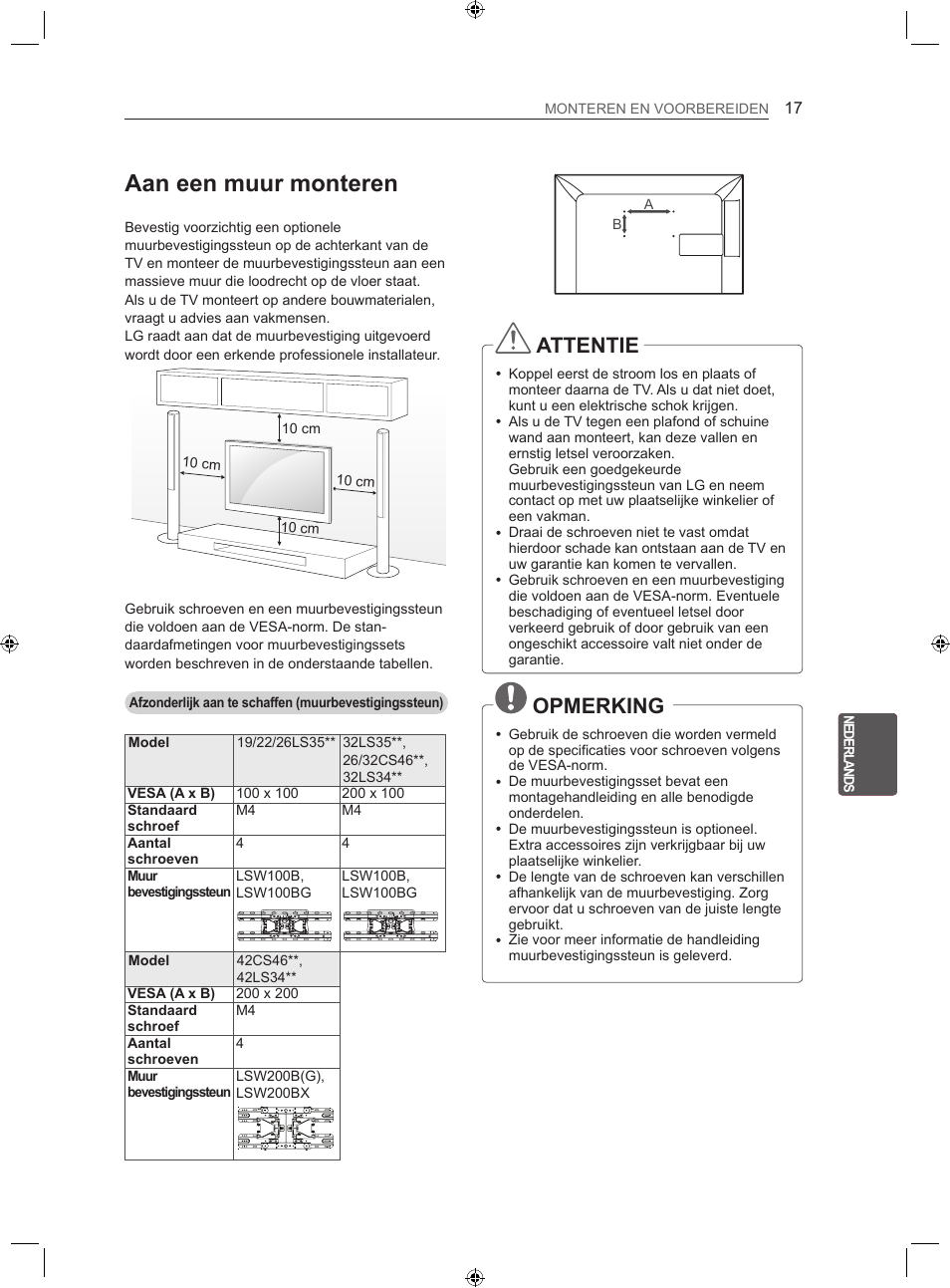 Aan een muur monteren, Attentie, Opmerking | LG 22LS3500-ZA User Manual | Page 153 / 198