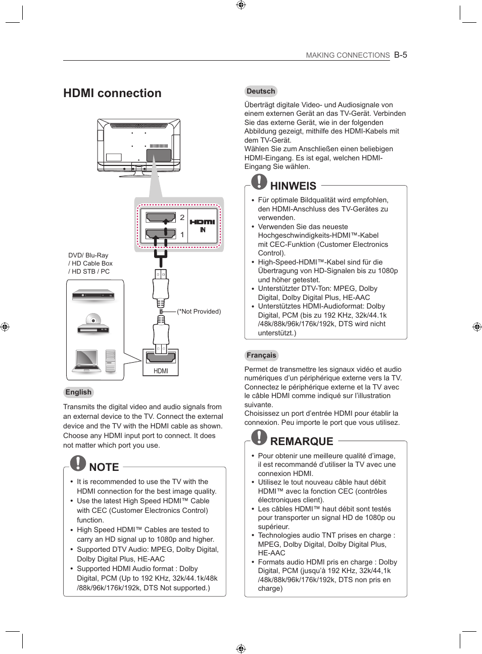 Hdmi connection, Hinweis, Remarque | LG 22LS3500-ZA User Manual | Page 181 / 198