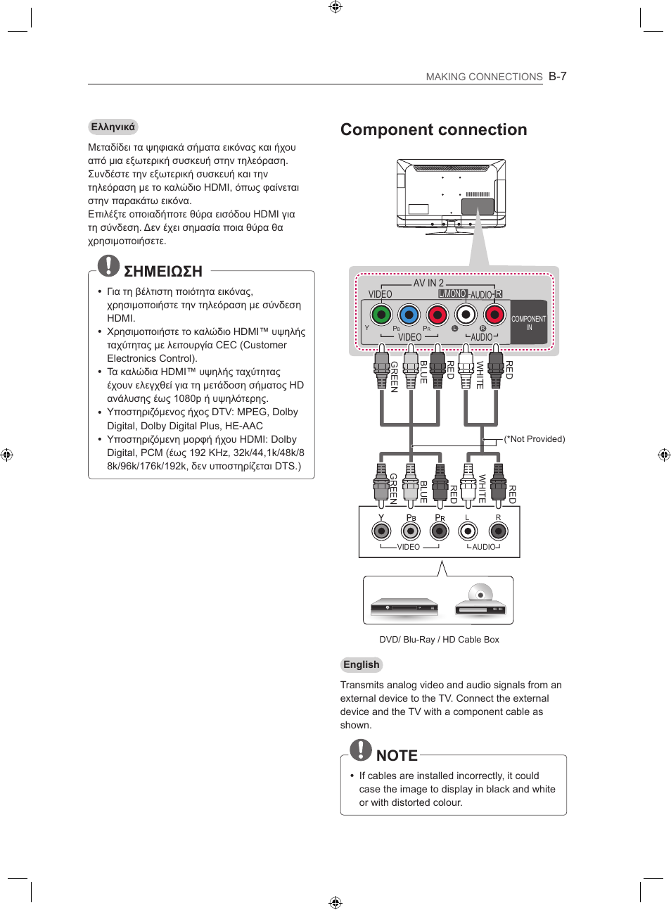 Component connection, Σημειωση | LG 22LS3500-ZA User Manual | Page 183 / 198