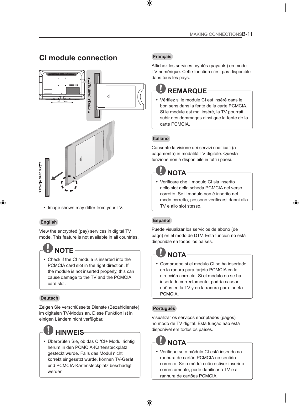 Ci module connection, Hinweis, Remarque | Nota | LG 22LS3500-ZA User Manual | Page 187 / 198