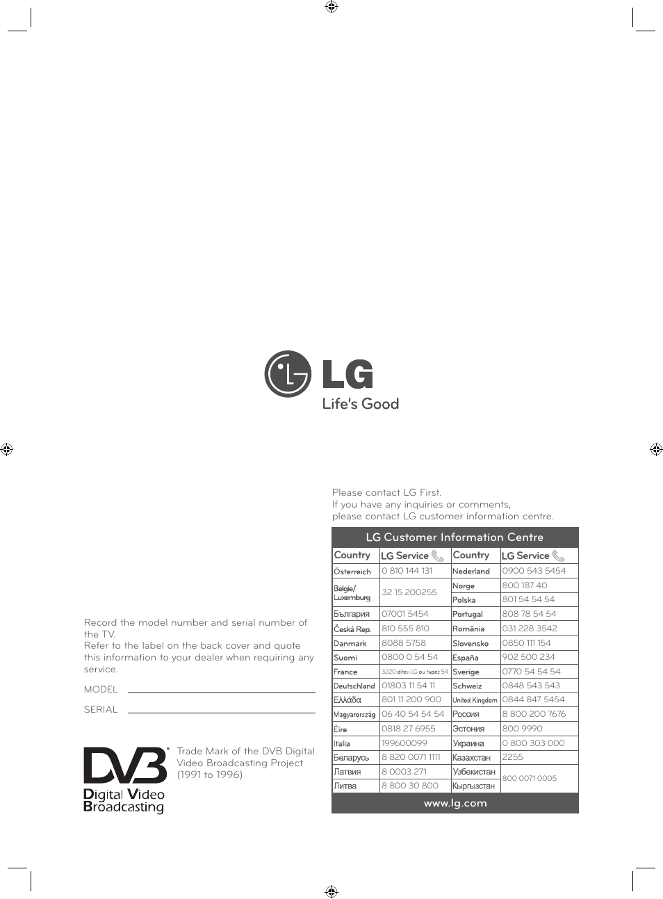 Customer information centre | LG 22LS3500-ZA User Manual | Page 198 / 198