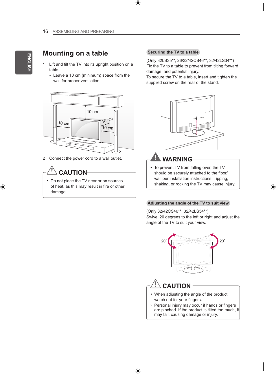Mounting on a table, Caution, Warning | LG 22LS3500-ZA User Manual | Page 24 / 198