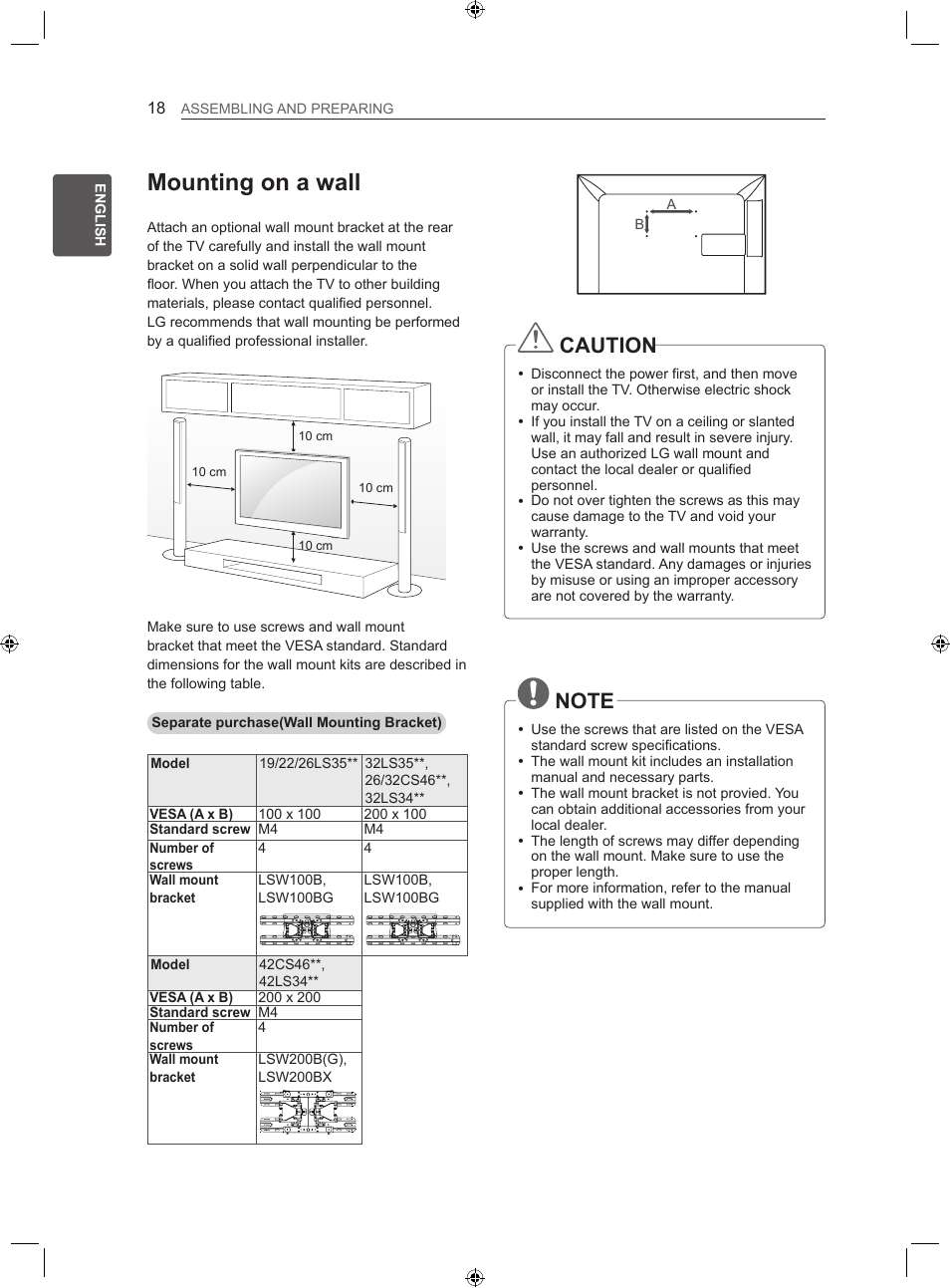 Mounting on a wall, Caution | LG 22LS3500-ZA User Manual | Page 26 / 198