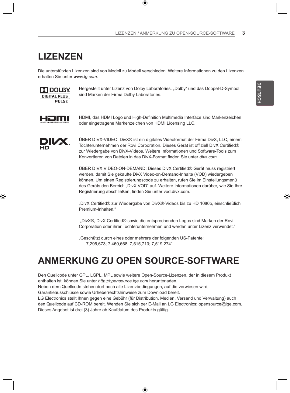 Lizenzen, Anmerkung zu open source-software | LG 22LS3500-ZA User Manual | Page 33 / 198