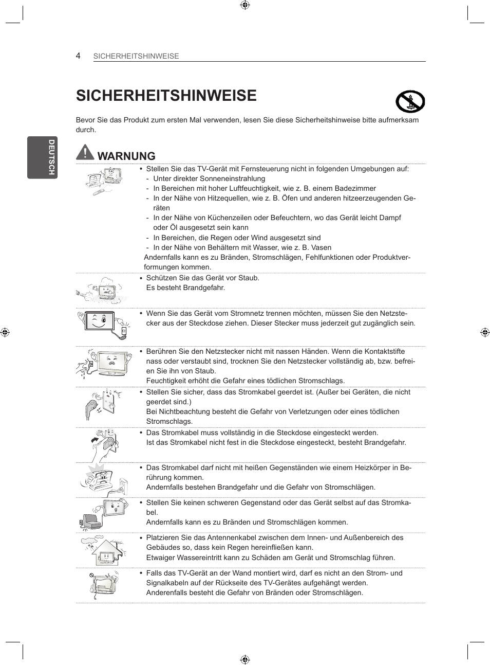 Sicherheitshinweise, Warnung | LG 22LS3500-ZA User Manual | Page 34 / 198