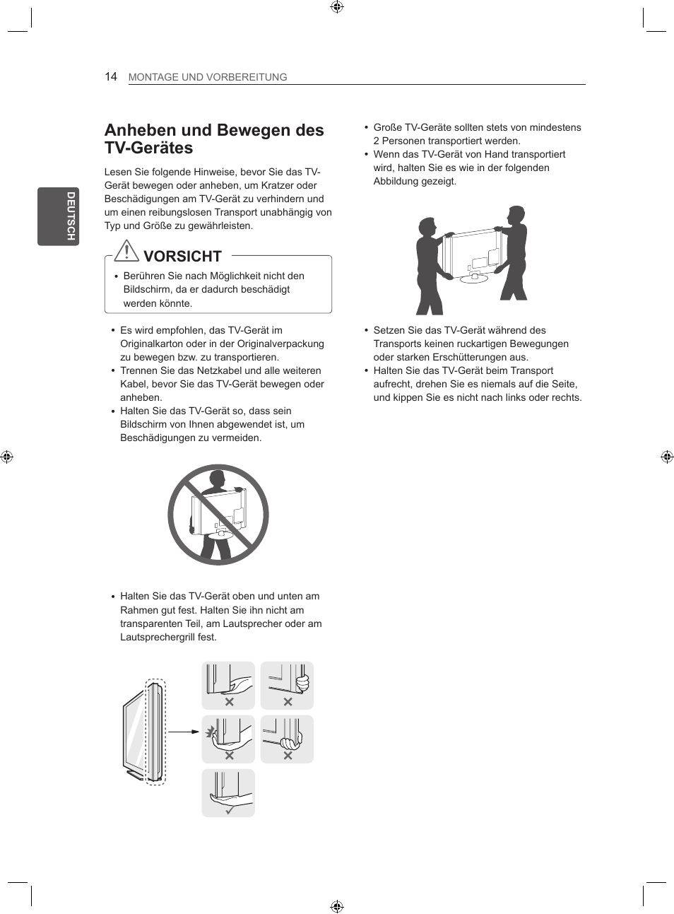 Anheben und bewegen des tv-gerätes, Vorsicht | LG 22LS3500-ZA User Manual | Page 44 / 198