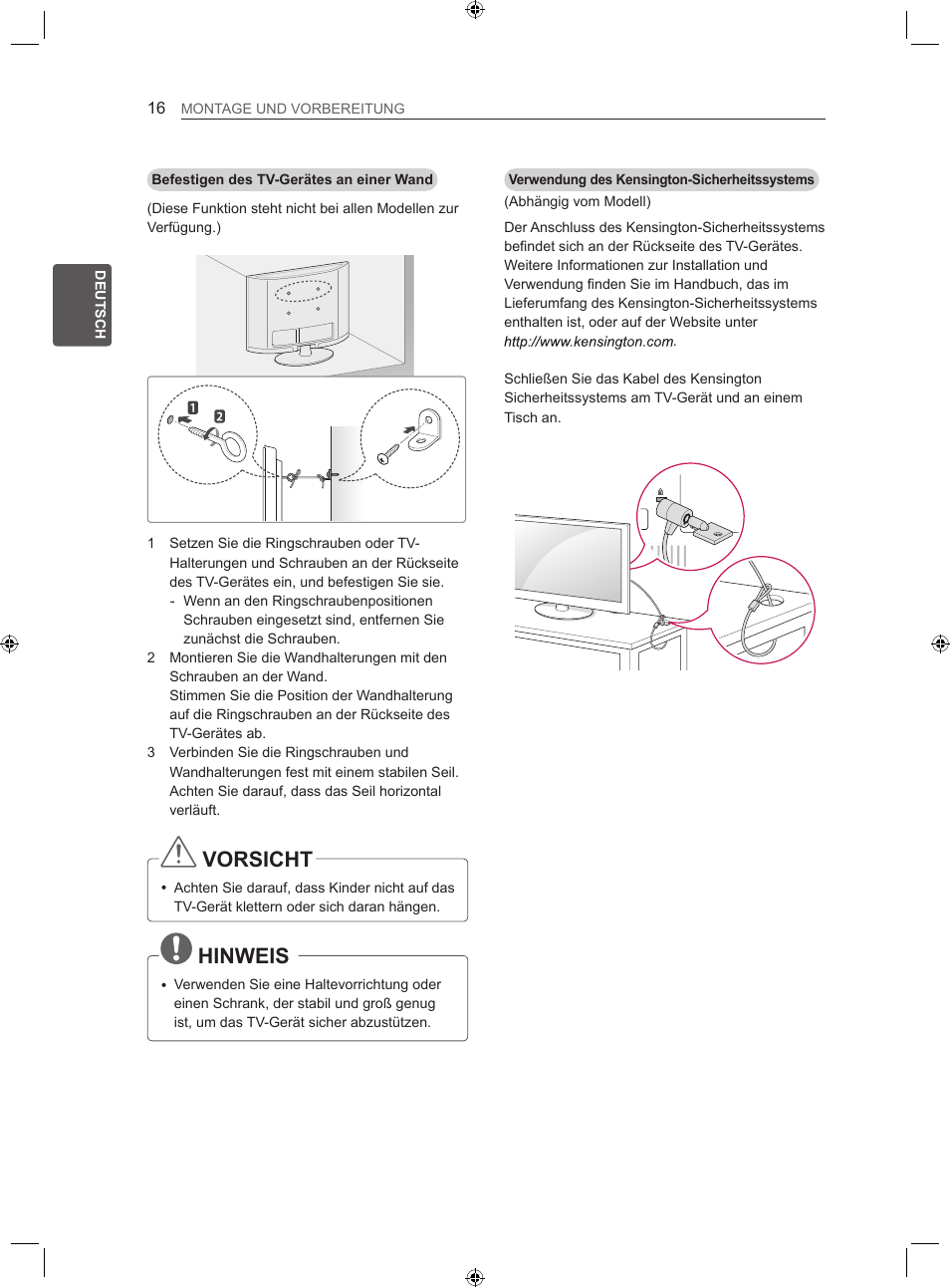 Vorsicht, Hinweis | LG 22LS3500-ZA User Manual | Page 46 / 198