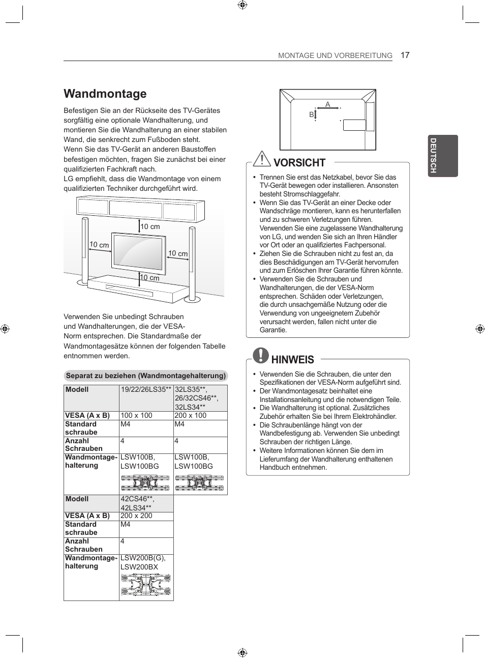 Wandmontage, Vorsicht, Hinweis | LG 22LS3500-ZA User Manual | Page 47 / 198