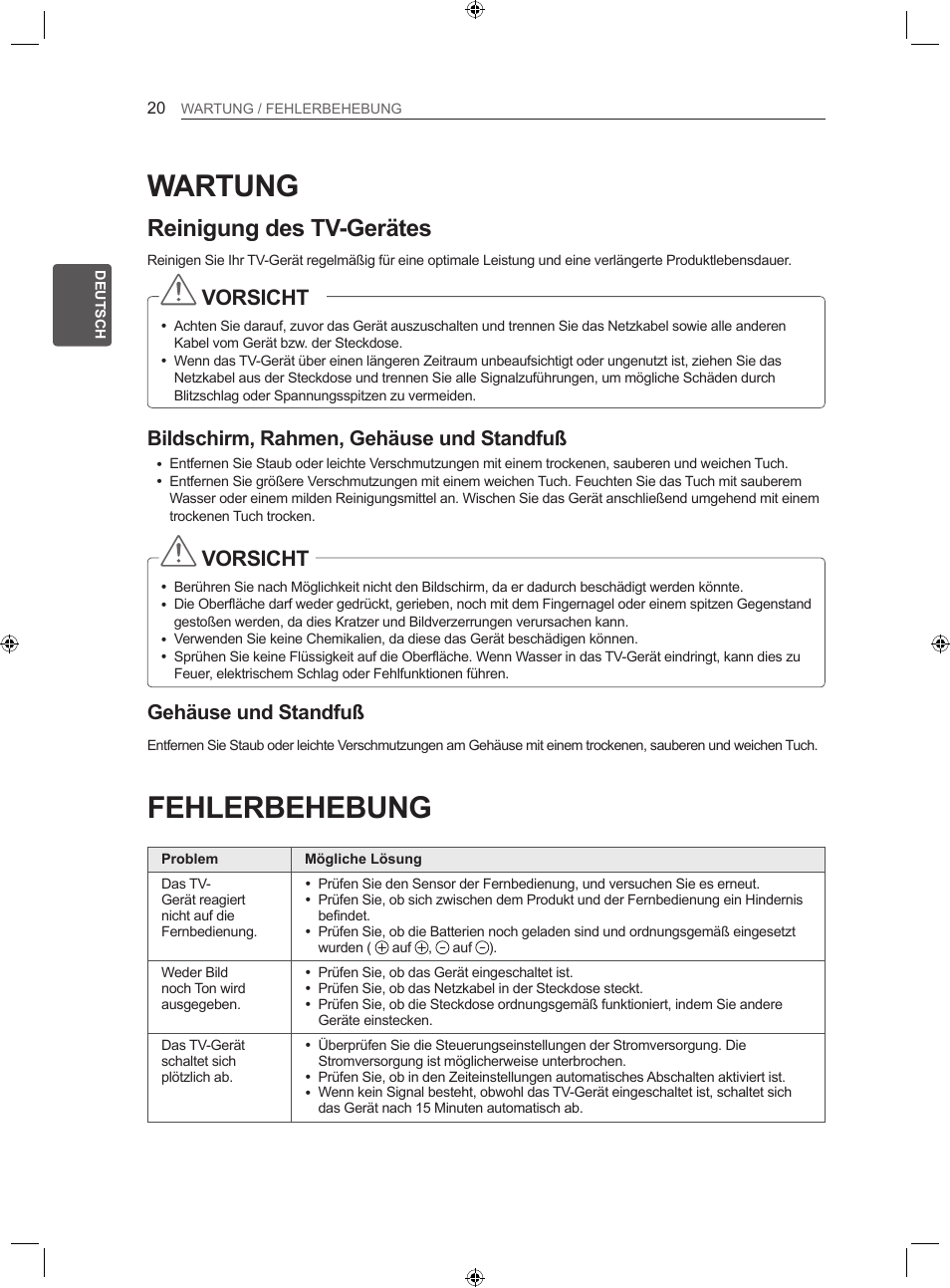 Wartung, Fehlerbehebung, Reinigung des tv-gerätes | Vorsicht, Bildschirm, rahmen, gehäuse und standfuß, Gehäuse und standfuß | LG 22LS3500-ZA User Manual | Page 50 / 198