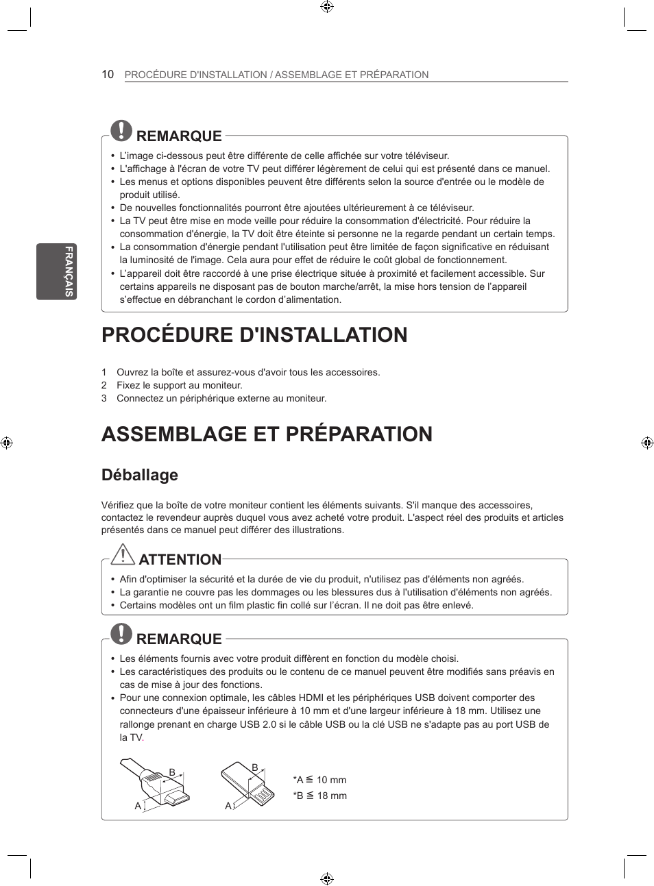Procédure d'installation, Assemblage et préparation, Déballage | Remarque, Attention | LG 22LS3500-ZA User Manual | Page 60 / 198