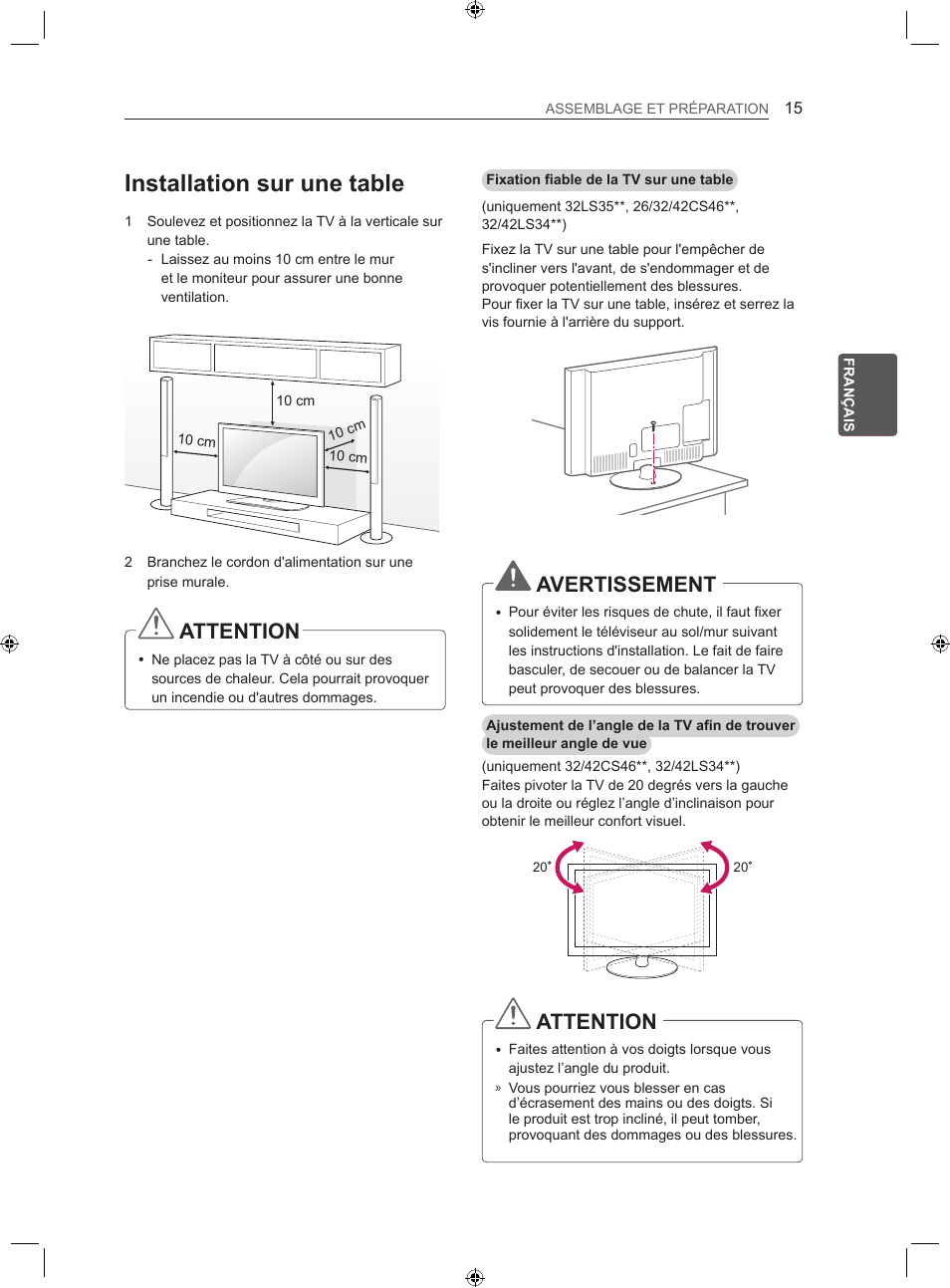Installation sur une table, Attention, Avertissement | LG 22LS3500-ZA User Manual | Page 65 / 198