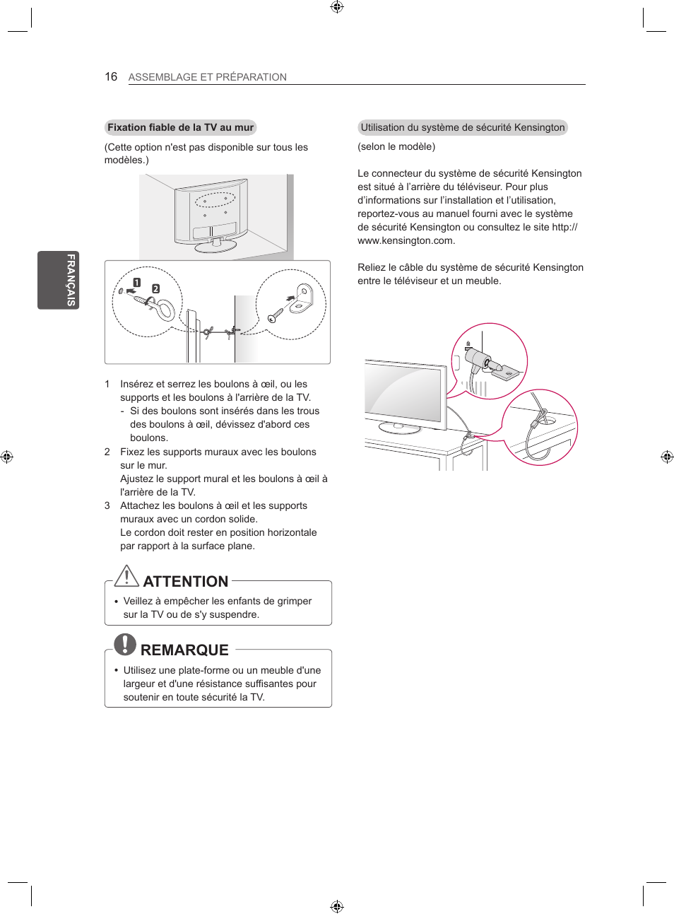 Attention, Remarque | LG 22LS3500-ZA User Manual | Page 66 / 198