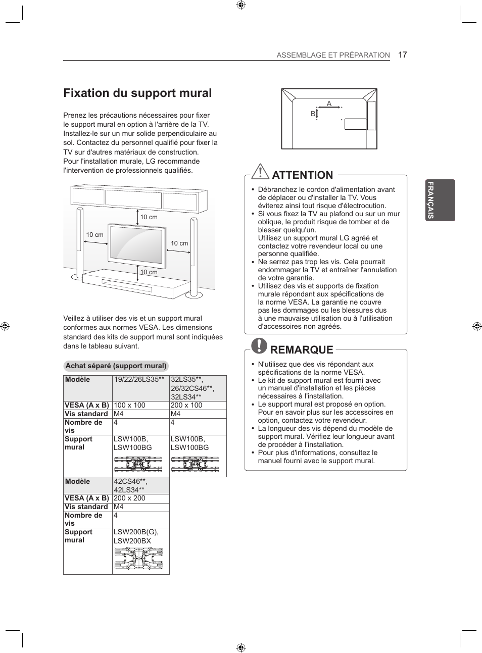 Fixation du support mural, Attention, Remarque | LG 22LS3500-ZA User Manual | Page 67 / 198