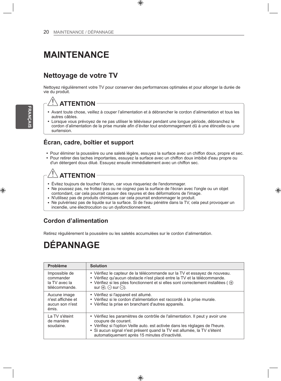 Maintenance, Dépannage, Nettoyage de votre tv | Attention, Écran, cadre, boîtier et support, Cordon d’alimentation | LG 22LS3500-ZA User Manual | Page 70 / 198