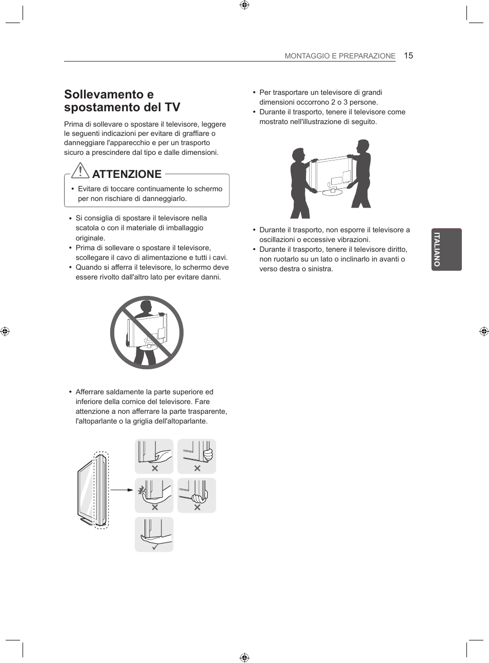 Sollevamento e spostamento del tv, Attenzione | LG 22LS3500-ZA User Manual | Page 85 / 198