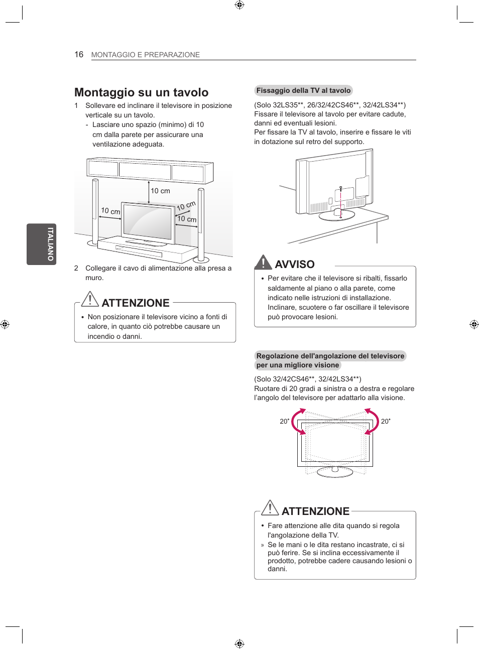 Montaggio su un tavolo, Attenzione, Avviso | LG 22LS3500-ZA User Manual | Page 86 / 198