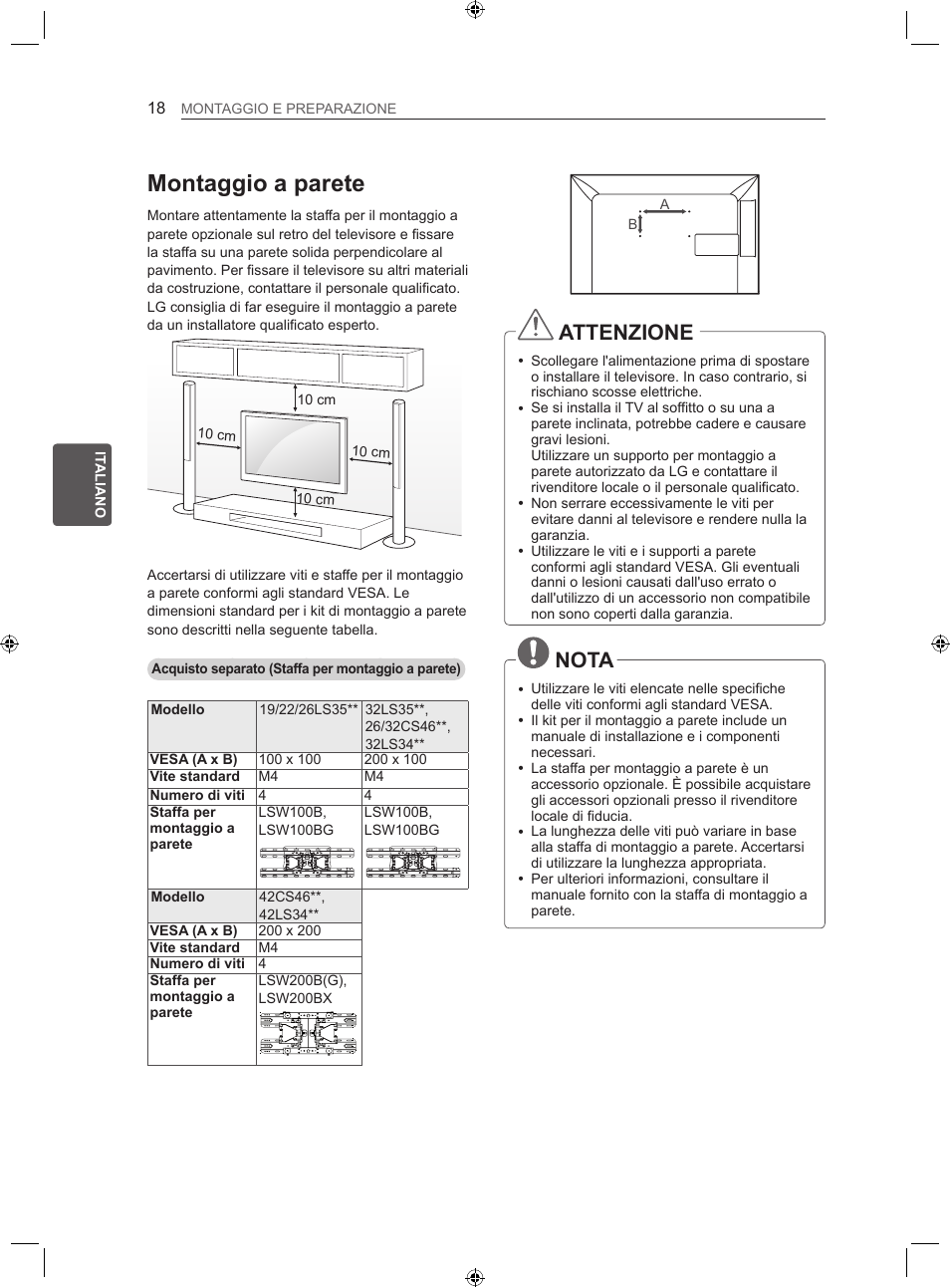 Montaggio a parete, Attenzione, Nota | LG 22LS3500-ZA User Manual | Page 88 / 198