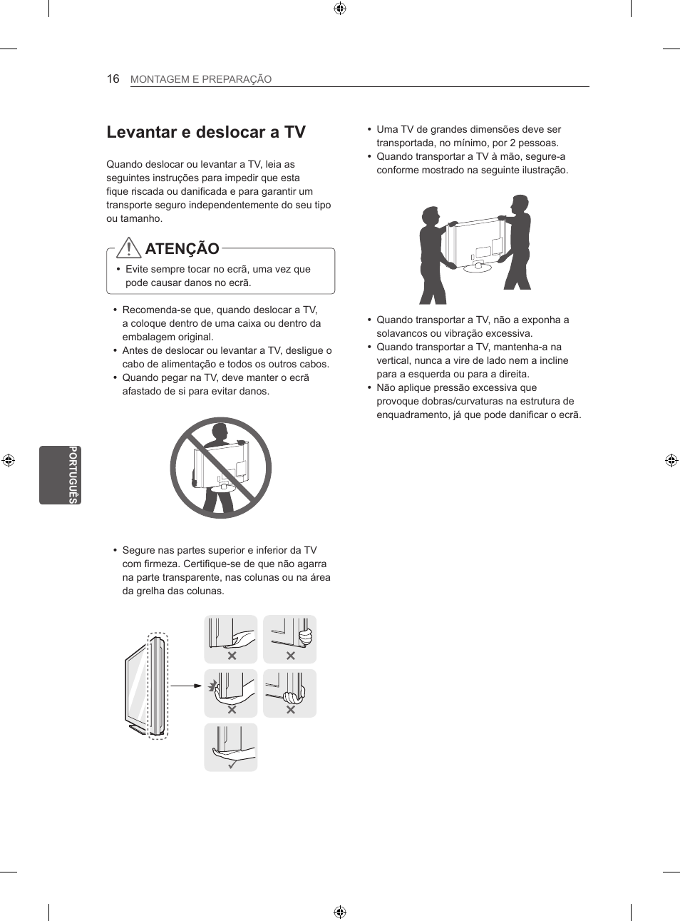 Levantar e deslocar a tv, Atenção | LG 47LA860V User Manual | Page 154 / 284