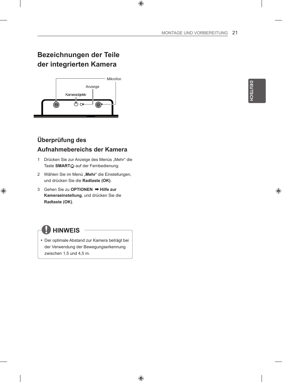 Bezeichnungen der teile der integrierten kamera, Hinweis, Überprüfung des aufnahmebereichs der kamera | LG 47LA860V User Manual | Page 51 / 284