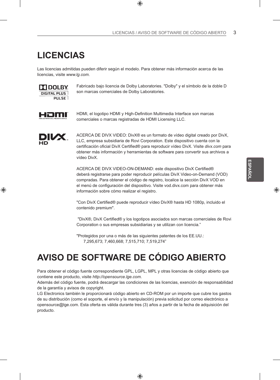 Licencias, Aviso de software de código abierto | LG 32LS3500 User Manual | Page 107 / 214