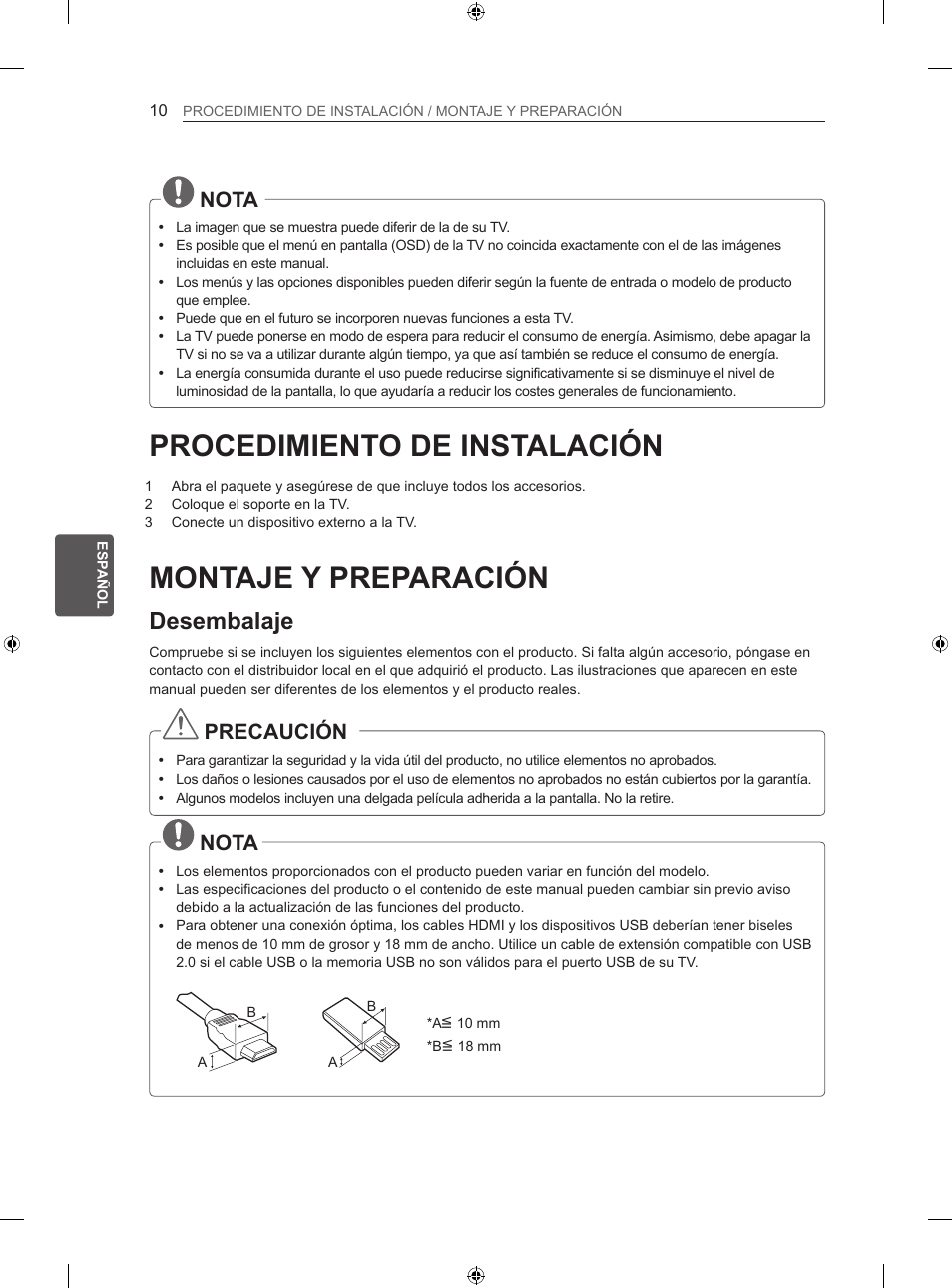Procedimiento de instalación, Montaje y preparación, Desembalaje | Nota, Precaución | LG 32LS3500 User Manual | Page 114 / 214