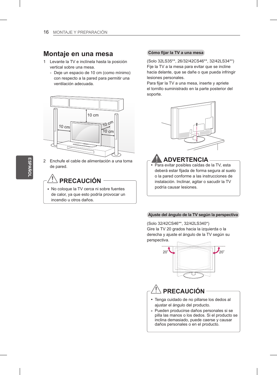 Montaje en una mesa, Precaución, Advertencia | LG 32LS3500 User Manual | Page 120 / 214
