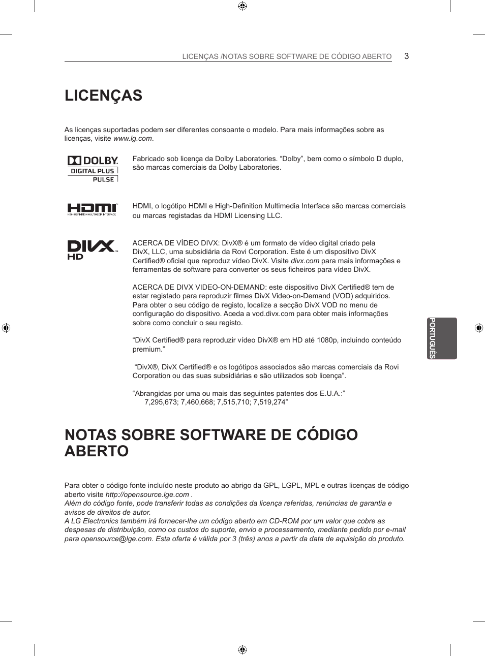 Licenças, Notas sobre software de código aberto | LG 32LS3500 User Manual | Page 129 / 214