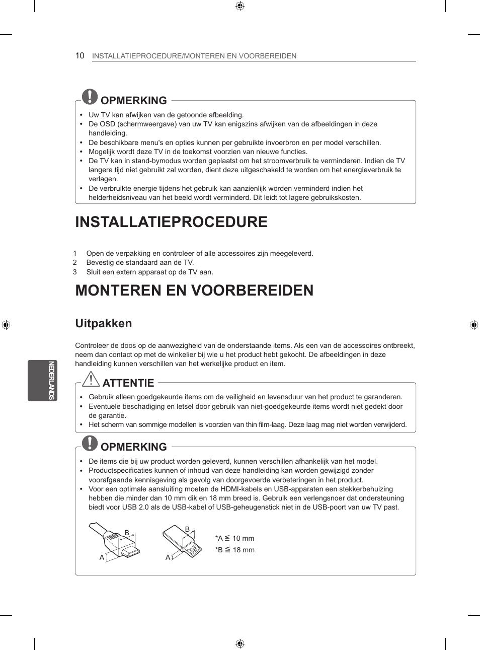 Installatieprocedure, Monteren en voorbereiden, Uitpakken | Opmerking, Attentie | LG 32LS3500 User Manual | Page 158 / 214