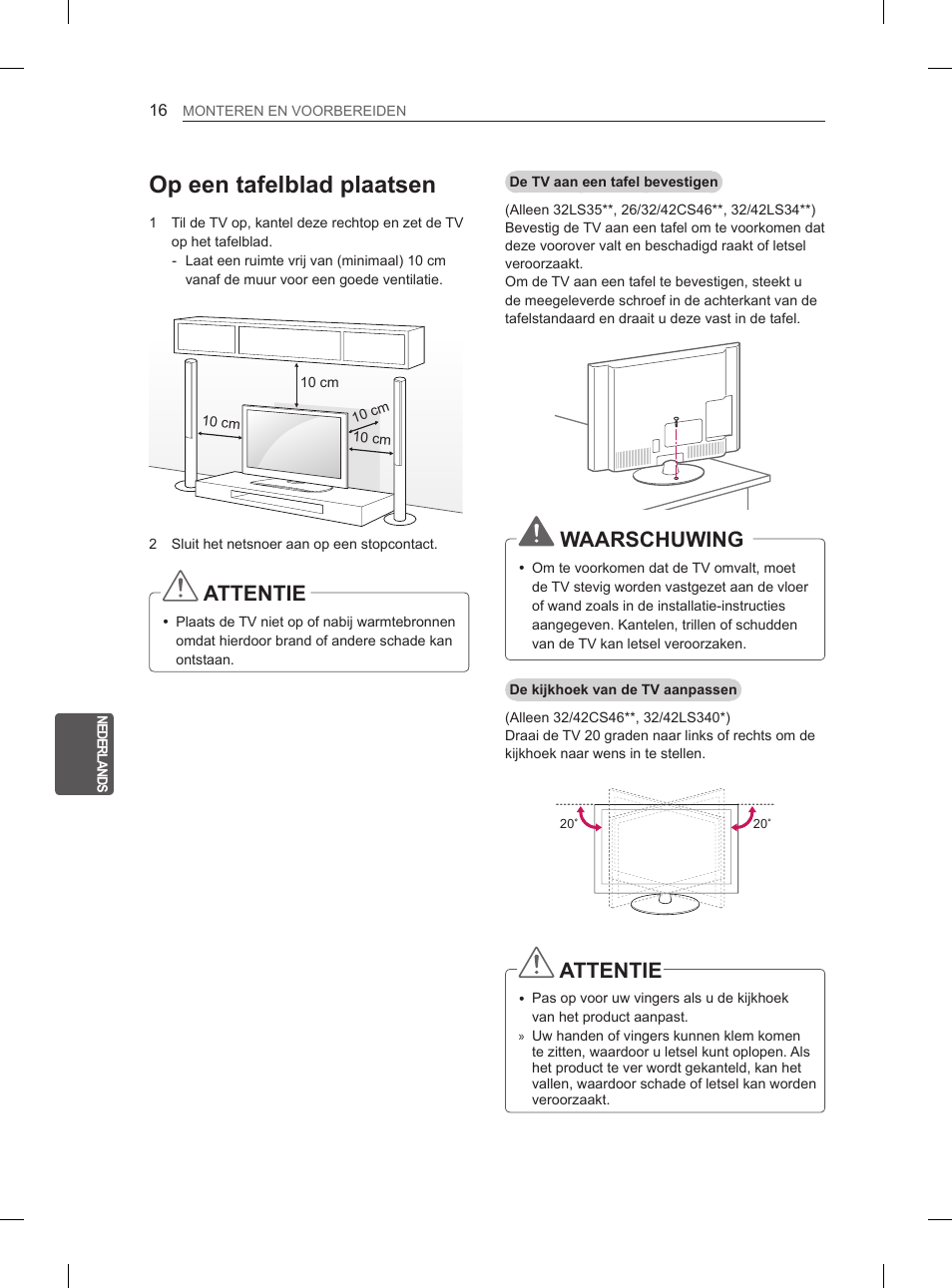 Op een tafelblad plaatsen, Attentie, Waarschuwing | LG 32LS3500 User Manual | Page 164 / 214
