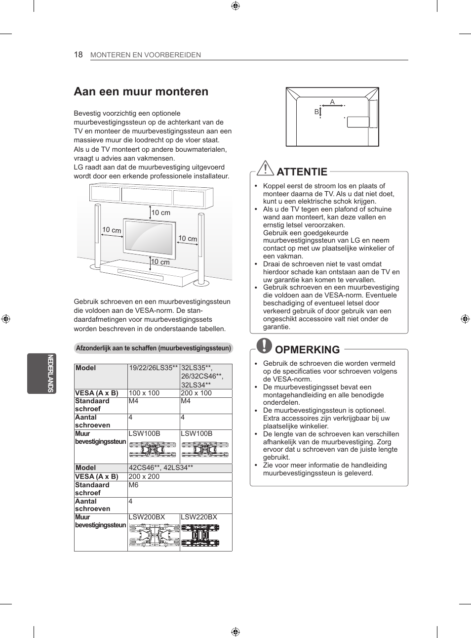 Aan een muur monteren, Attentie, Opmerking | LG 32LS3500 User Manual | Page 166 / 214