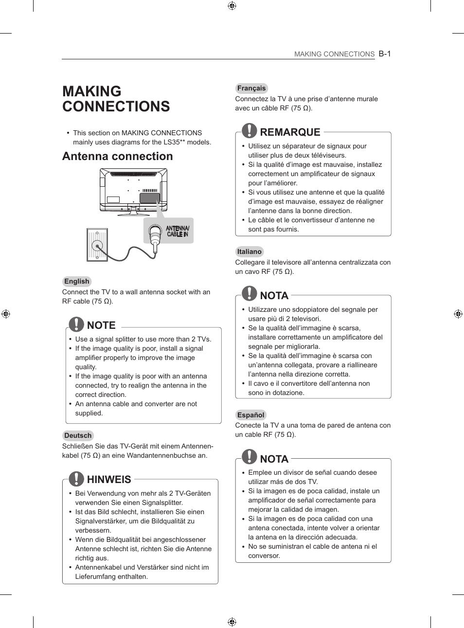 Making connections, Antenna connection, Hinweis | Remarque, Nota | LG 32LS3500 User Manual | Page 193 / 214