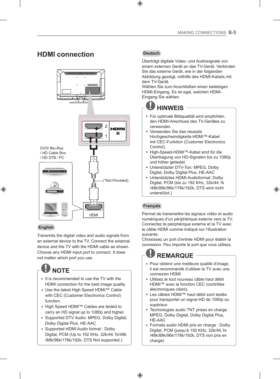 Hdmi connection, Hinweis, Remarque | LG 32LS3500 User Manual | Page 197 / 214