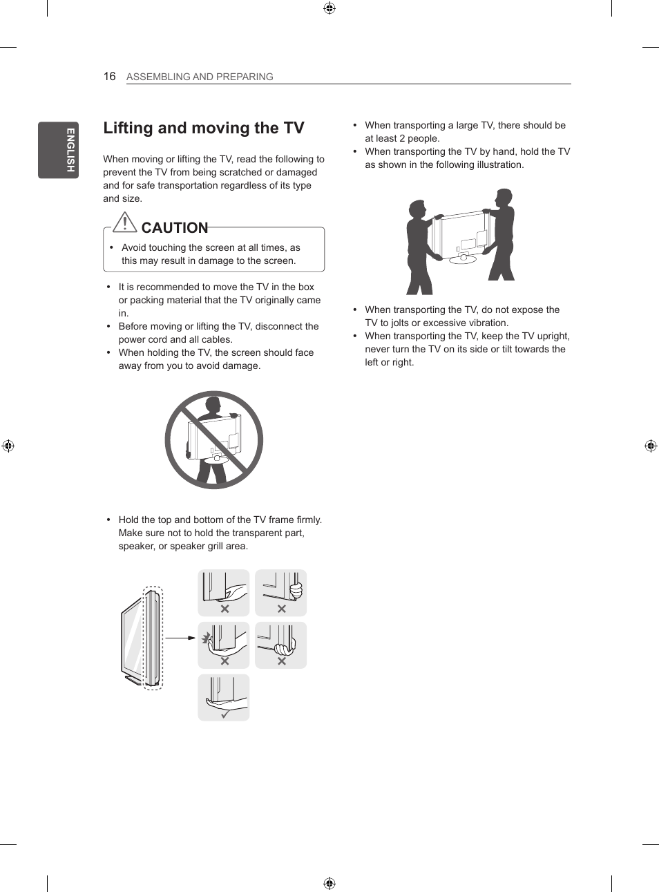 Lifting and moving the tv, Caution | LG 32LS3500 User Manual | Page 26 / 214