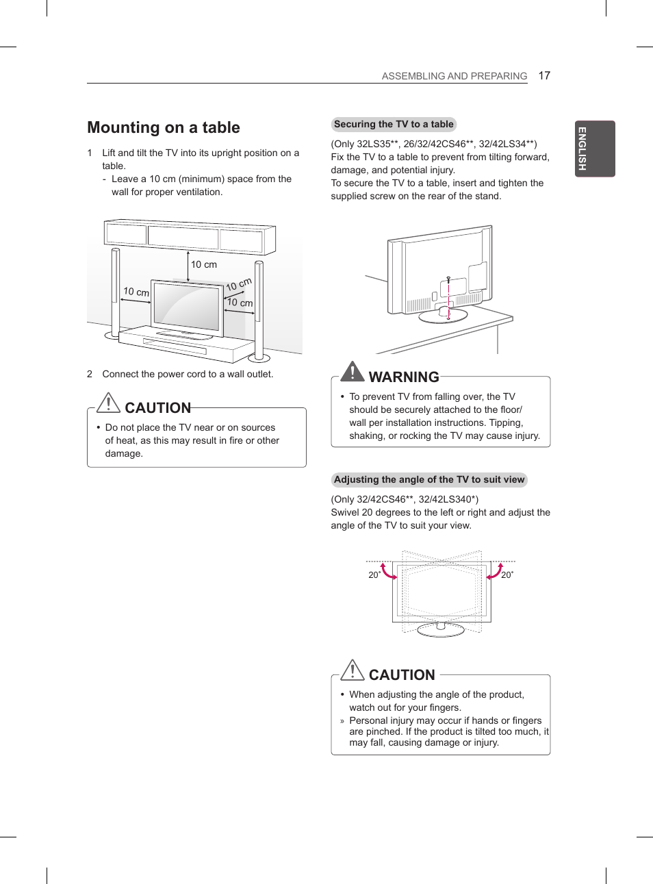 Mounting on a table, Caution, Warning | LG 32LS3500 User Manual | Page 27 / 214