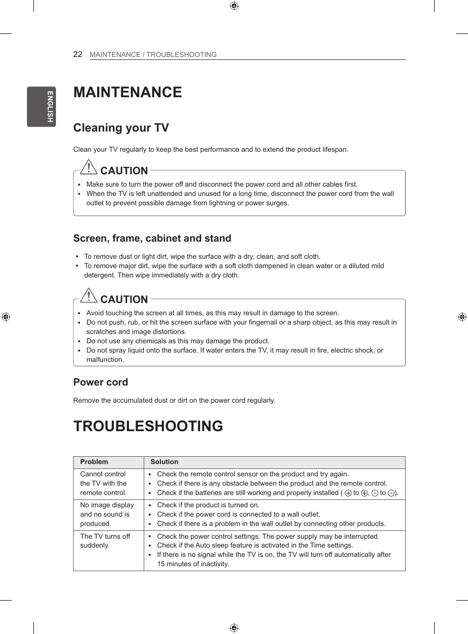 Maintenance, Troubleshooting, Cleaning your tv | Caution, Screen, frame, cabinet and stand, Power cord | LG 32LS3500 User Manual | Page 32 / 214