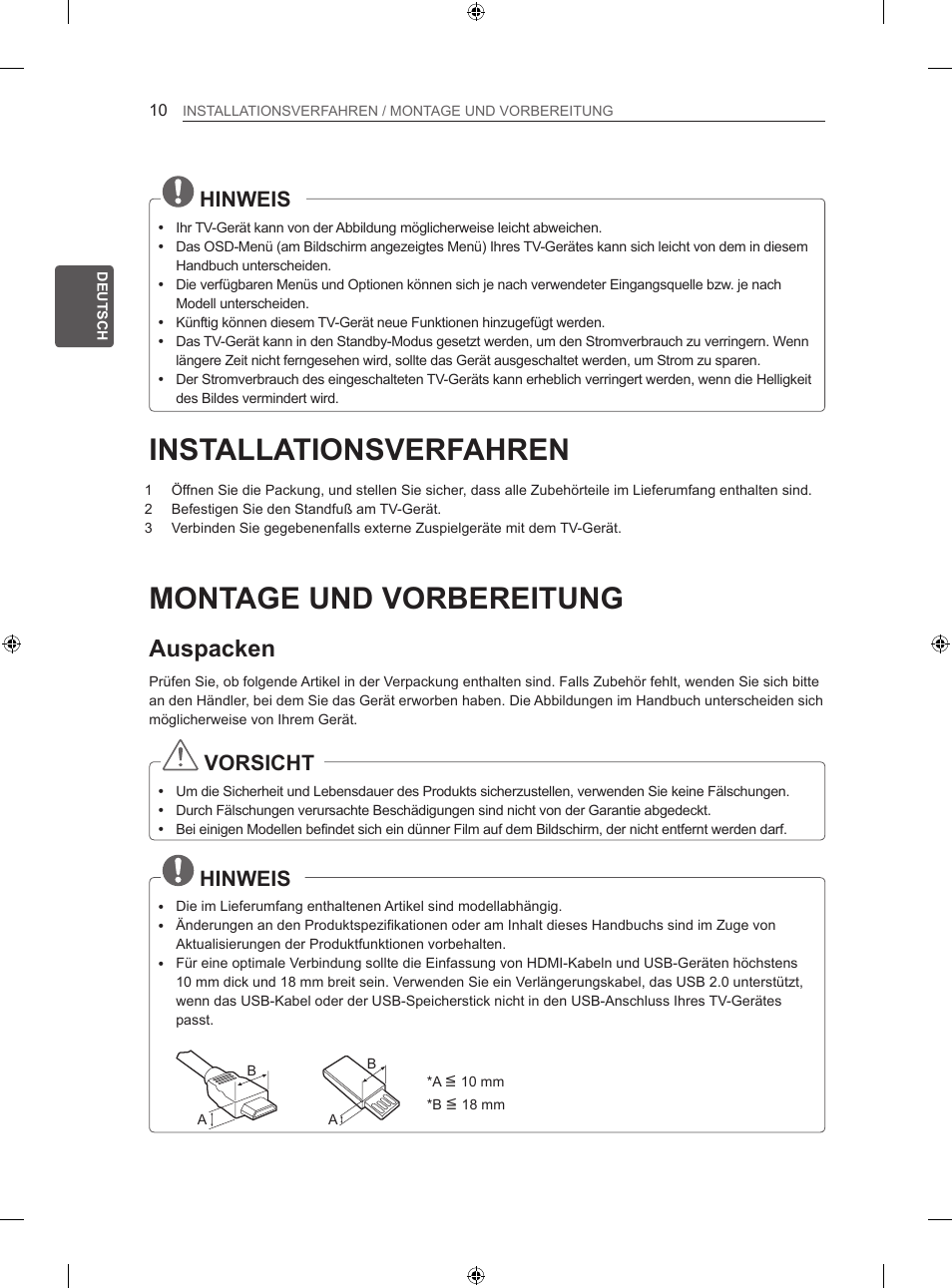 Installationsverfahren, Montage und vorbereitung, Auspacken | Hinweis, Vorsicht | LG 32LS3500 User Manual | Page 42 / 214