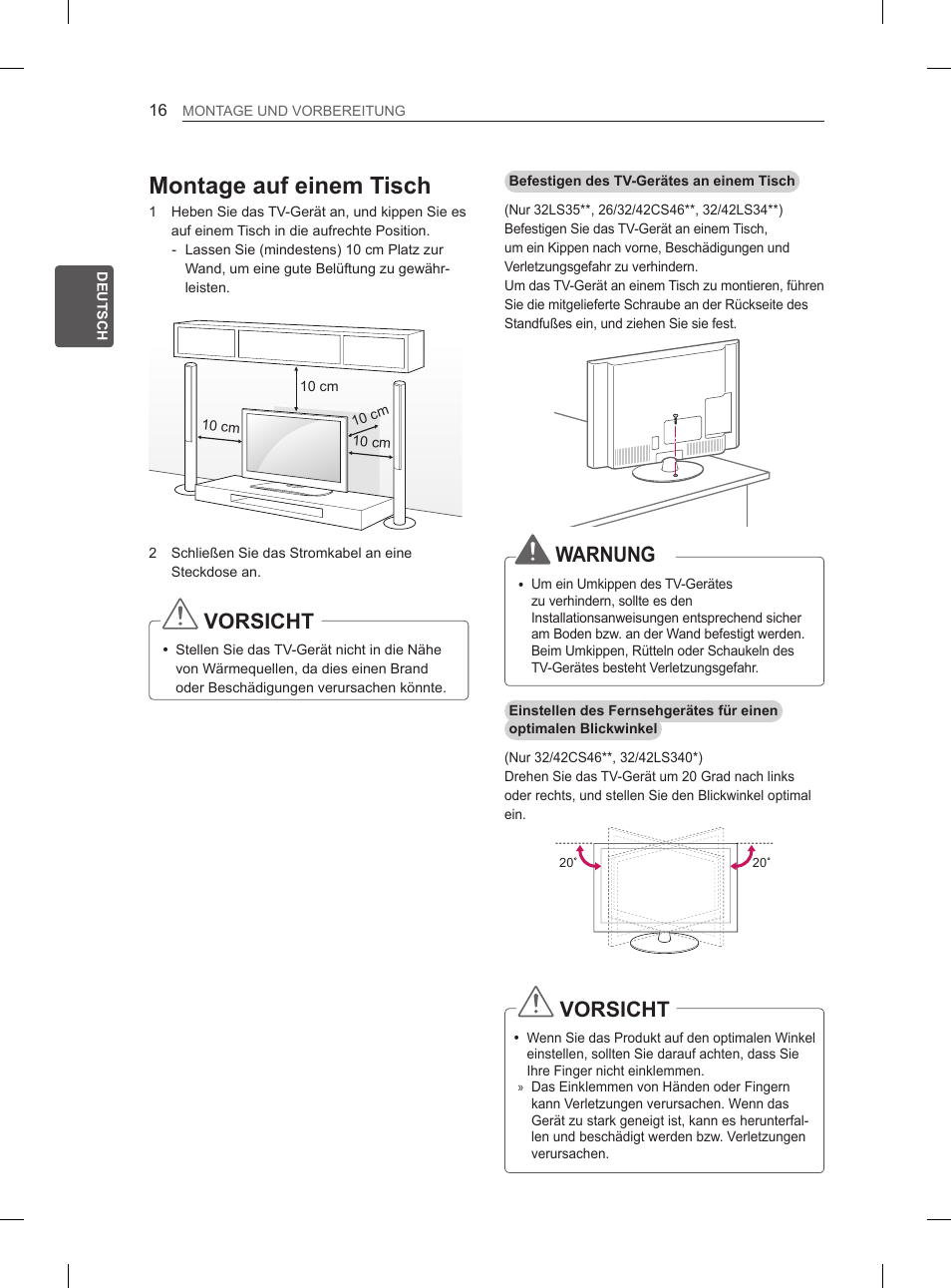 Montage auf einem tisch, Vorsicht, Warnung | LG 32LS3500 User Manual | Page 48 / 214