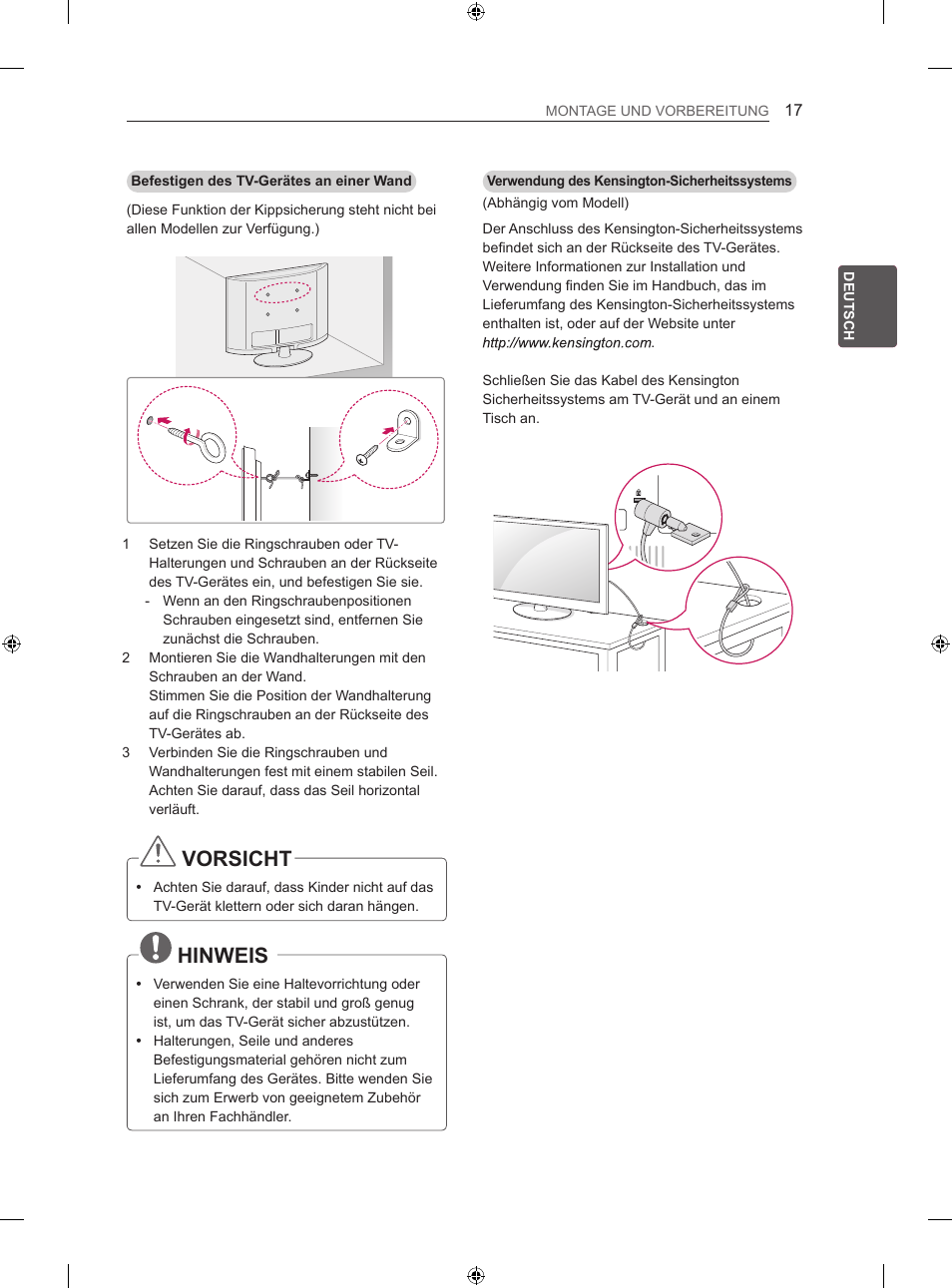 Vorsicht, Hinweis | LG 32LS3500 User Manual | Page 49 / 214