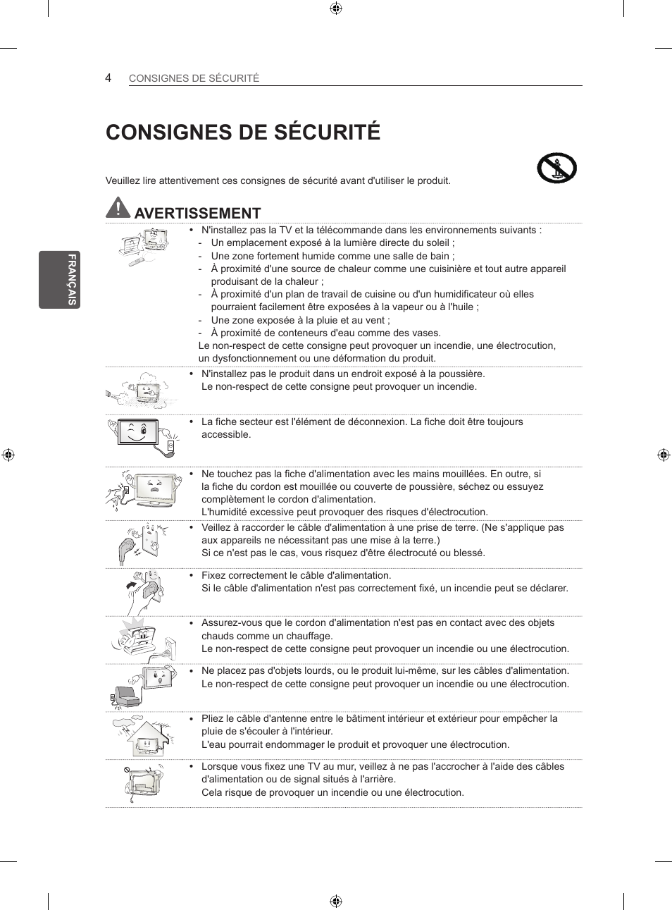 Consignes de sécurité, Avertissement | LG 32LS3500 User Manual | Page 58 / 214
