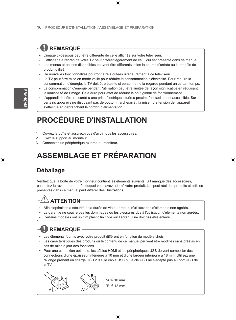 Procédure d'installation, Assemblage et préparation, Déballage | Remarque, Attention | LG 32LS3500 User Manual | Page 64 / 214