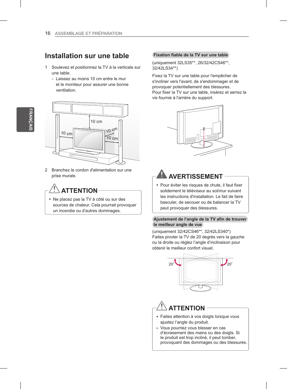 Installation sur une table, Attention, Avertissement | LG 32LS3500 User Manual | Page 70 / 214