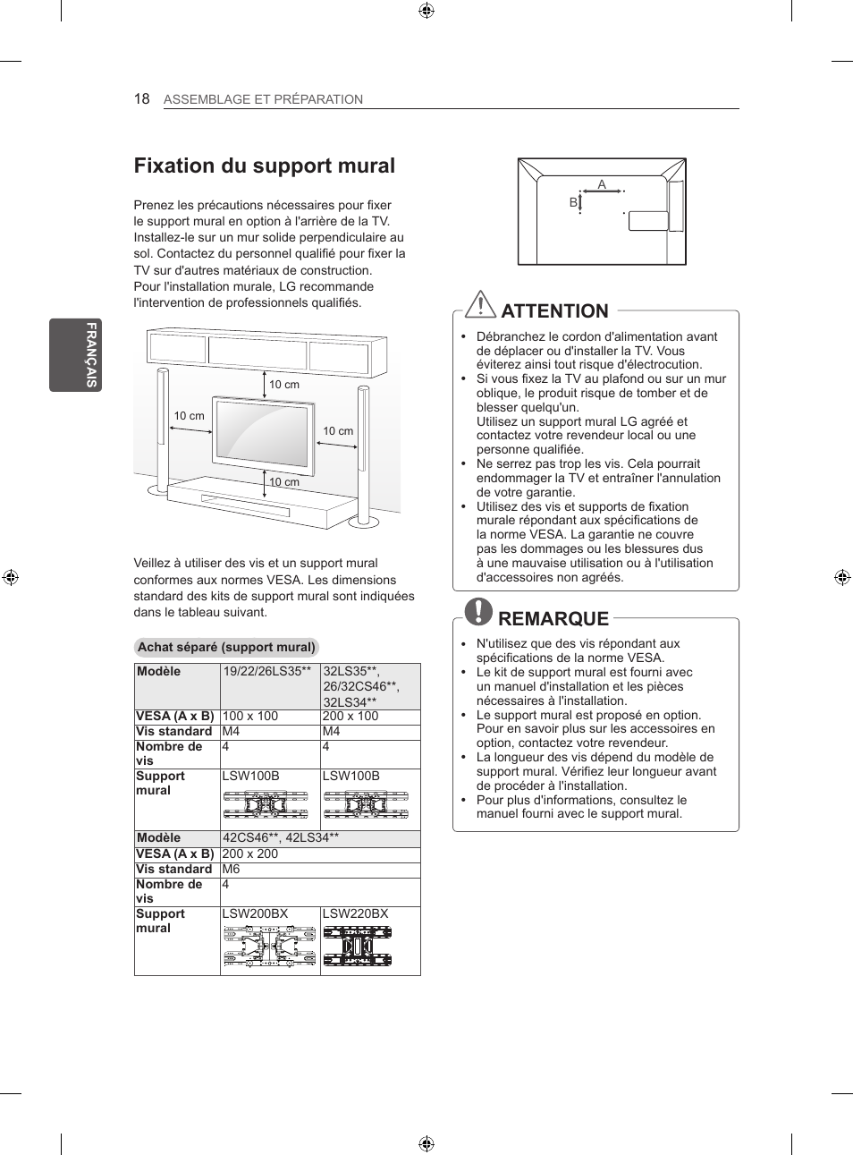 Fixation du support mural, Attention, Remarque | LG 32LS3500 User Manual | Page 72 / 214