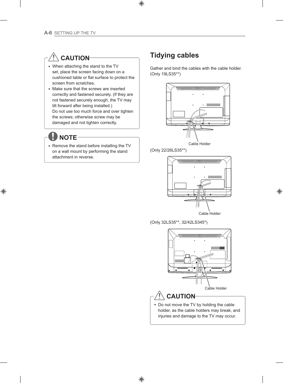 Tidying cables, Caution | LG 32LS3500 User Manual | Page 8 / 214