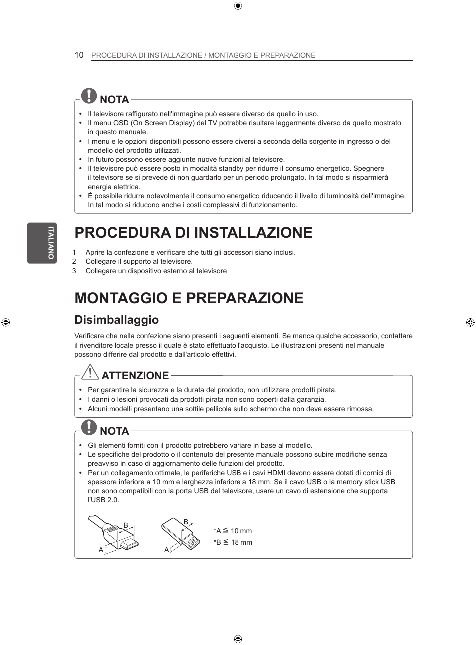 Procedura di installazione, Montaggio e preparazione, Disimballaggio | Nota, Attenzione | LG 32LS3500 User Manual | Page 86 / 214
