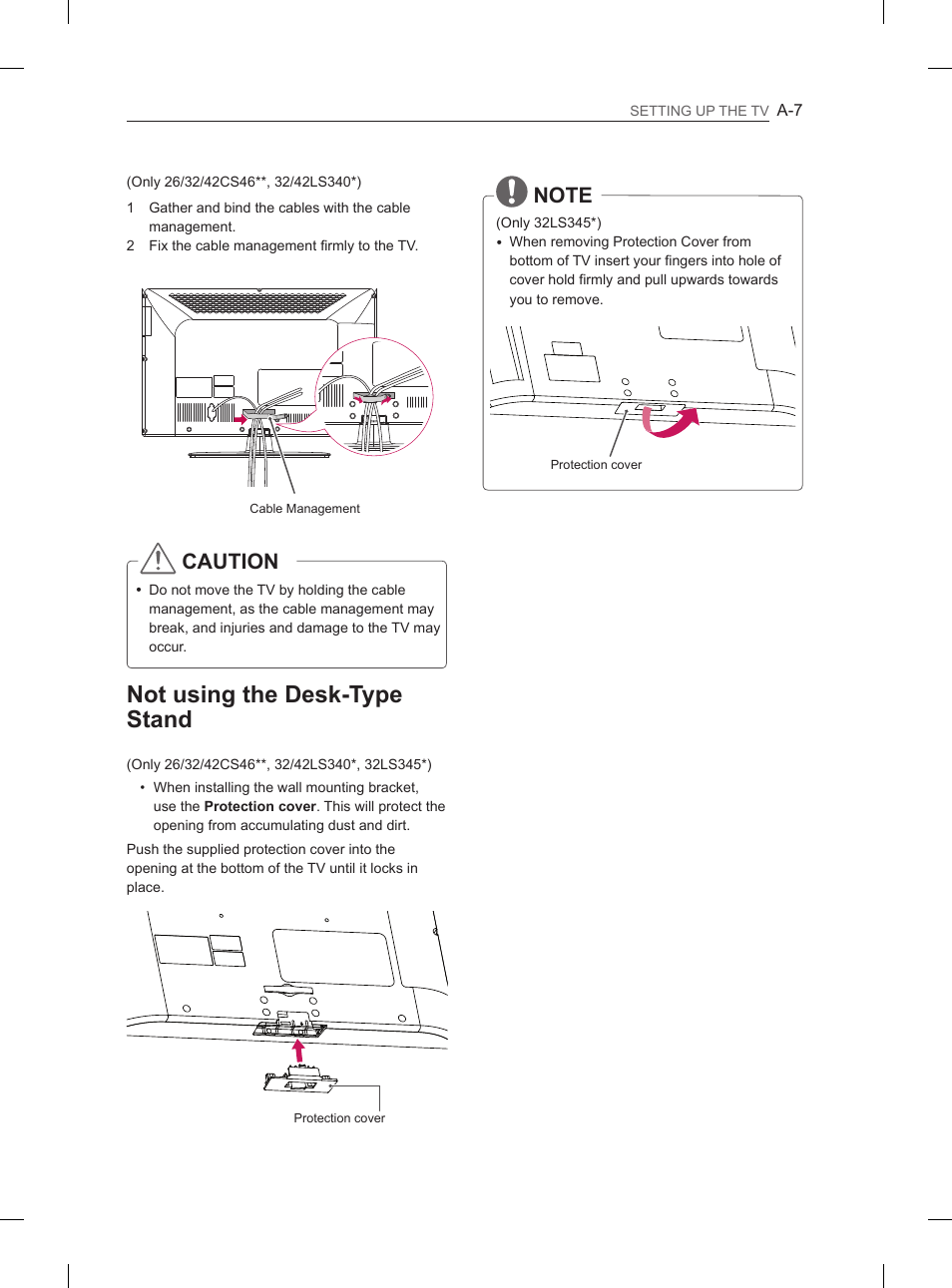 Not using the desk-type stand, Caution | LG 32LS3500 User Manual | Page 9 / 214