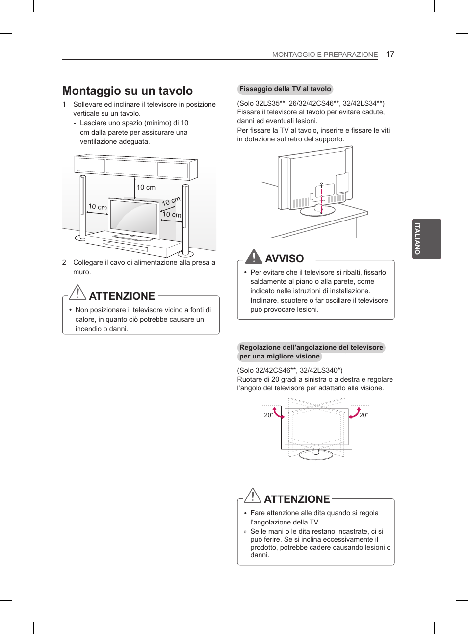 Montaggio su un tavolo, Attenzione, Avviso | LG 32LS3500 User Manual | Page 93 / 214