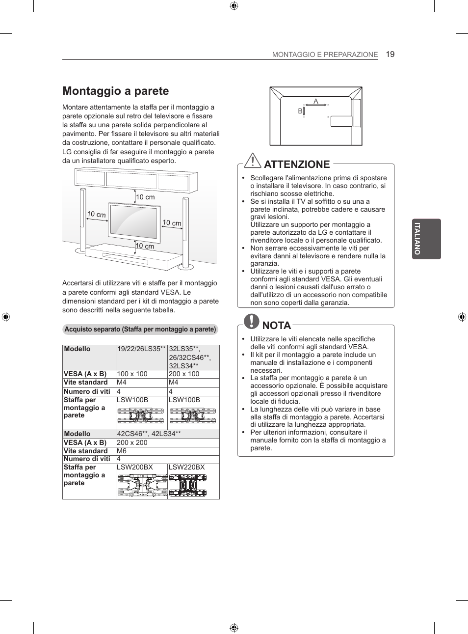 Montaggio a parete, Attenzione, Nota | LG 32LS3500 User Manual | Page 95 / 214
