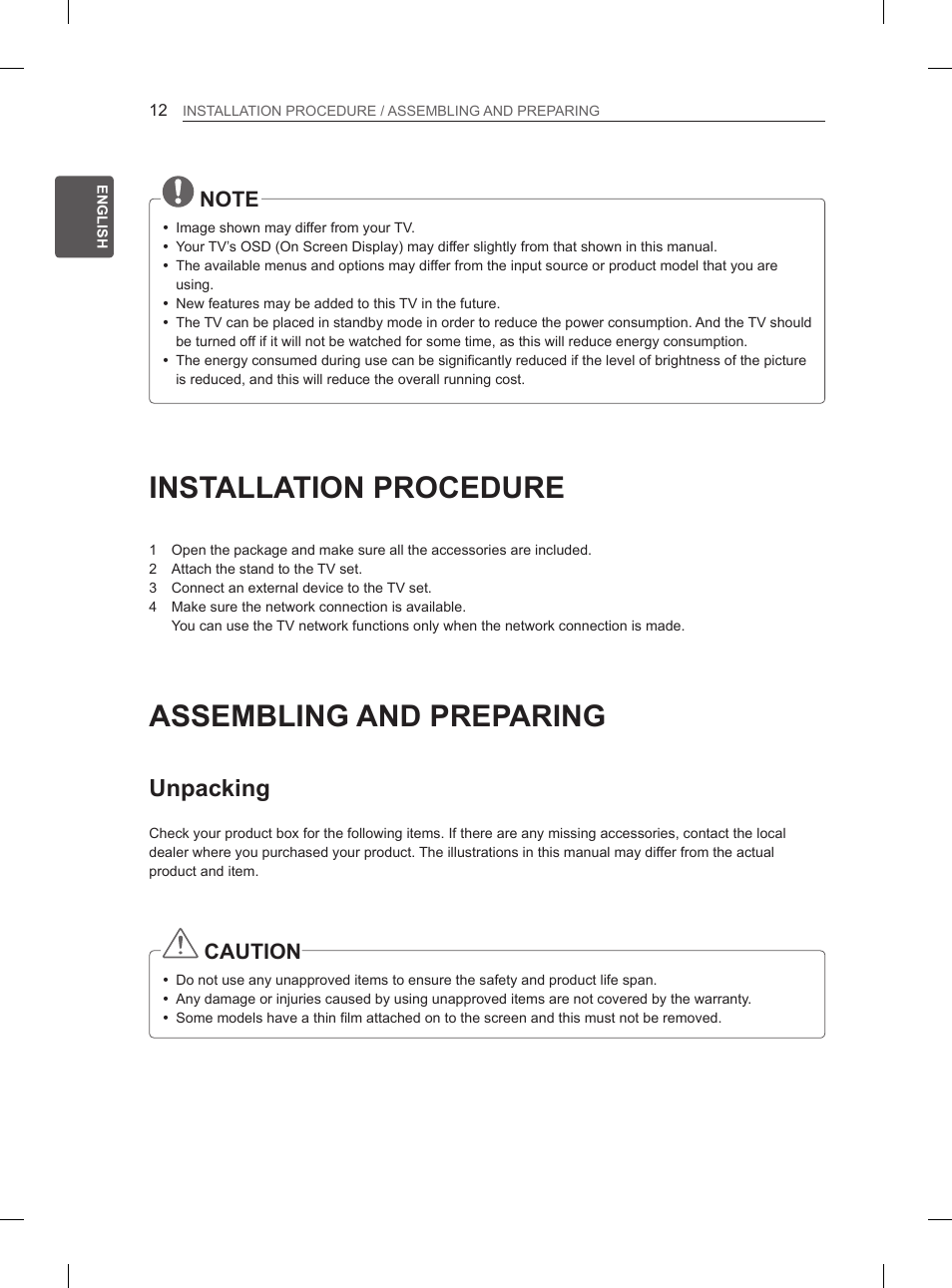 Installation procedure, Assembling and preparing, Unpacking | Caution | LG 60PM670S User Manual | Page 18 / 102