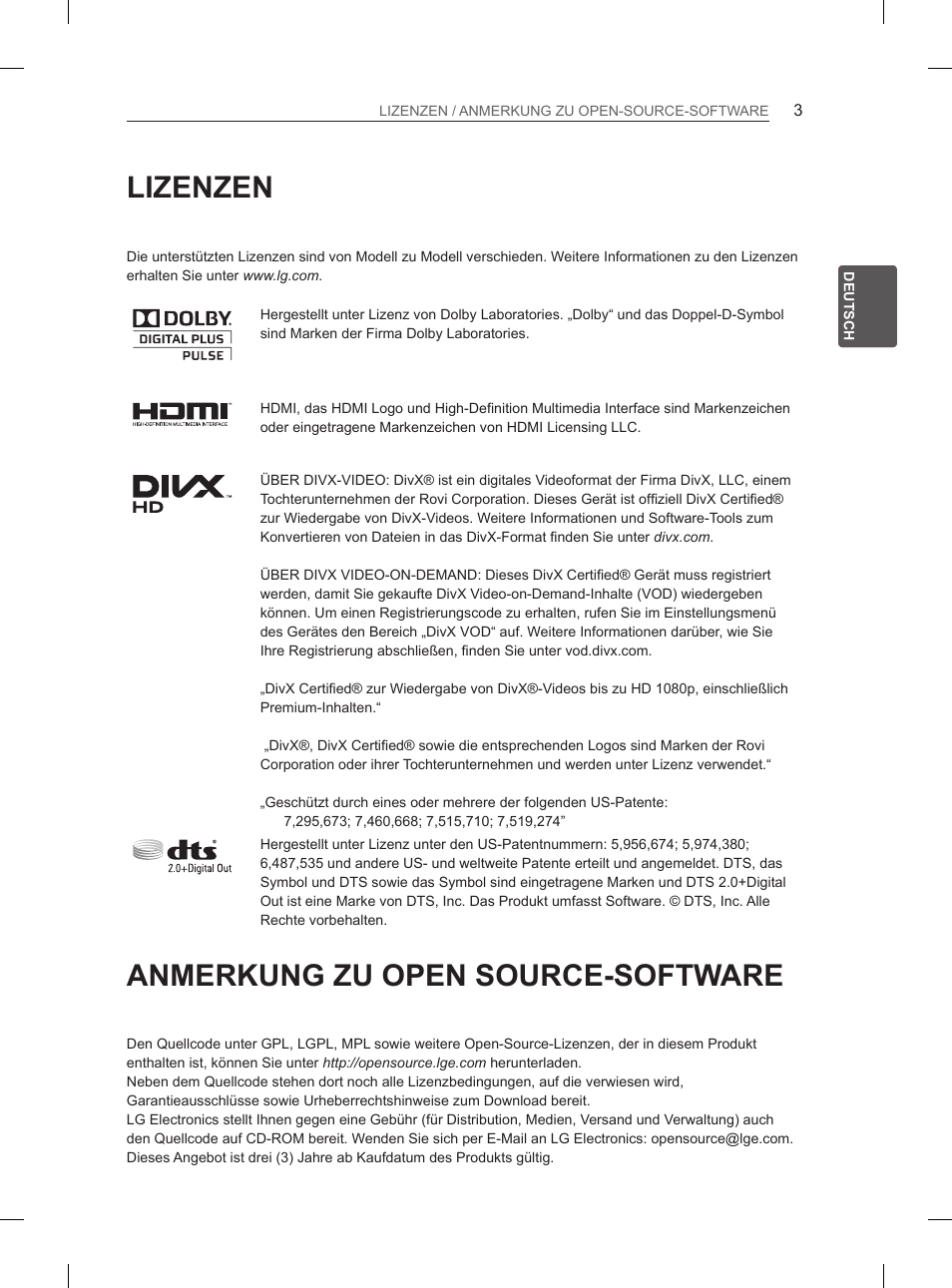 Lizenzen, Anmerkung zu open source-software | LG 60PM670S User Manual | Page 35 / 102